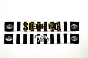 Vista completa della sciarpa in raso Siena F.C. con logo, Lupa e righe bianconere.