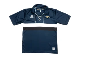 Vista completa della maglia del portiere 120 anni Siena F.C. in blu con banda bianconera.