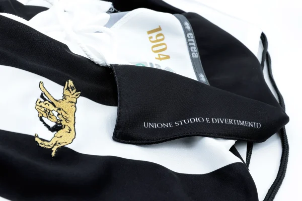 Scollo a camicia della maglia 120 anni Siena F.C. con logo Erreà e dettagli dorati.