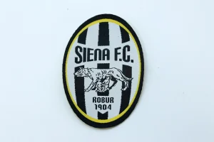 Toppa ufficiale del Siena FC con logo Robur 1904 su sfondo bianco.